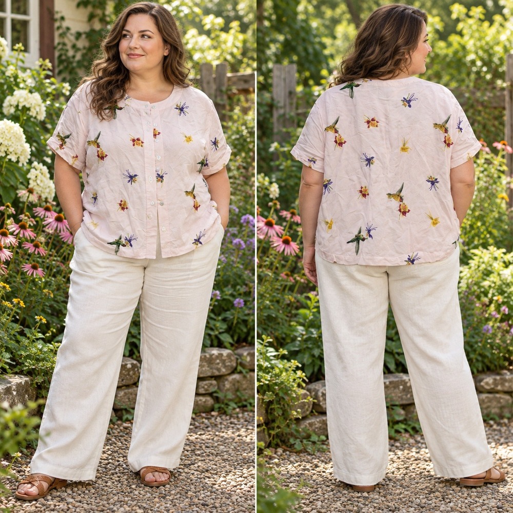 National Wildlife Federation 2XL Pink Hummingbird Linen Blouse Cottagecore